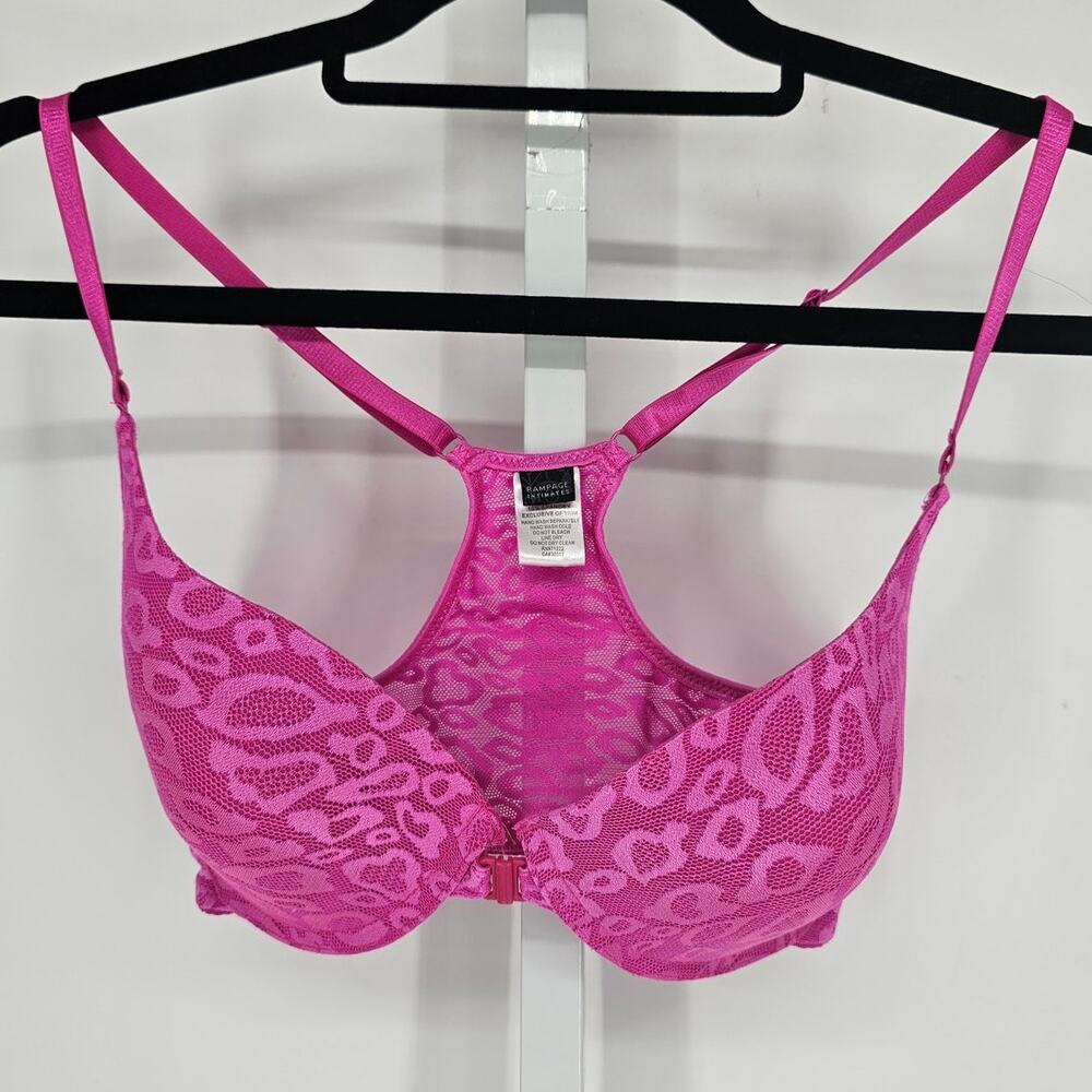 Vintage Y2K Rampage Intimates Sz 34D Front Clasp T Shirt Bra Pink Leopard Lace